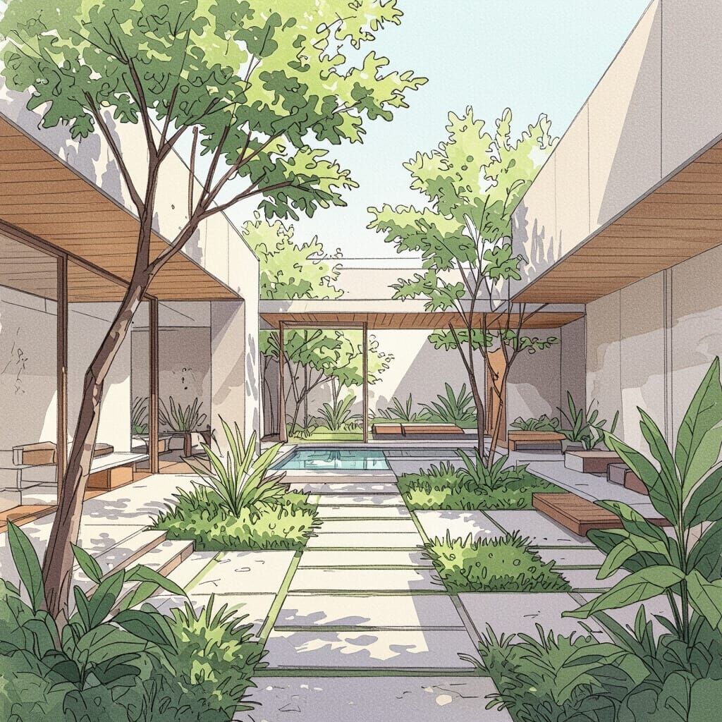 Biophilic Courtyard in Gujarat as Pencil Sketch