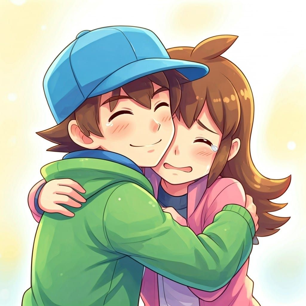 Joyful Pokemon Trainer Receives Loving Hug in Whimsical Styl...
