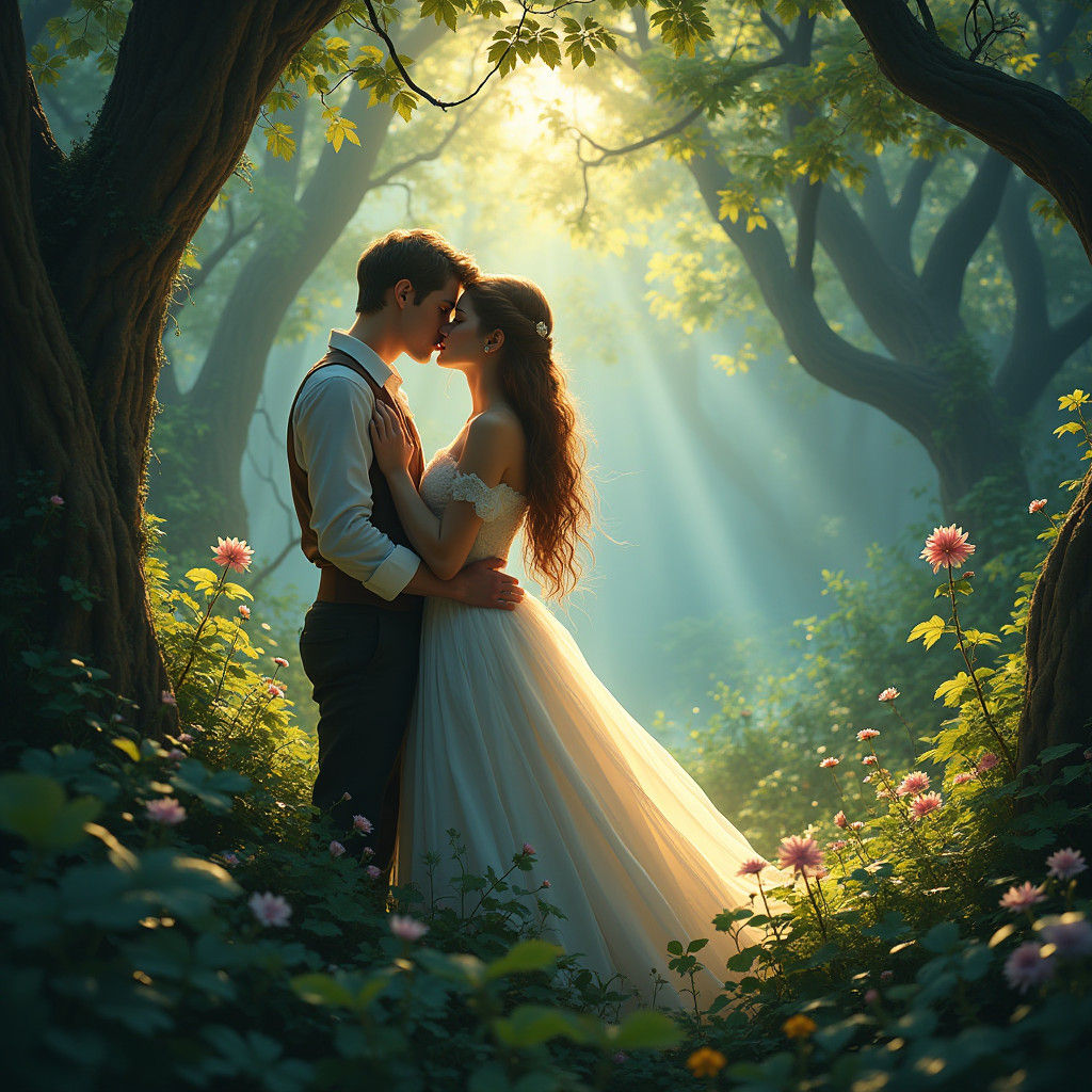 Romantic Kiss in Enchanted Forest: Fantasy Art