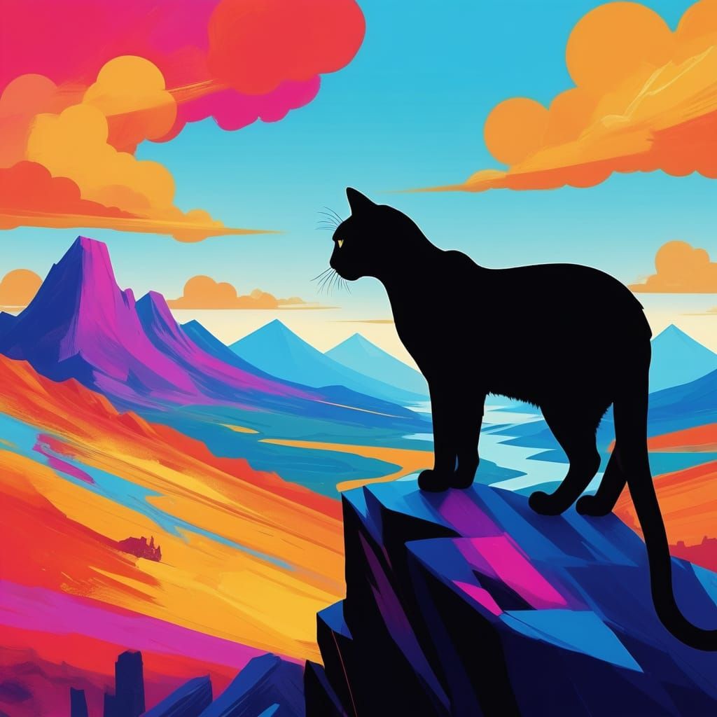 Obsidian Cat on Precipice, Abstract Landscape in Fauvist Sty...