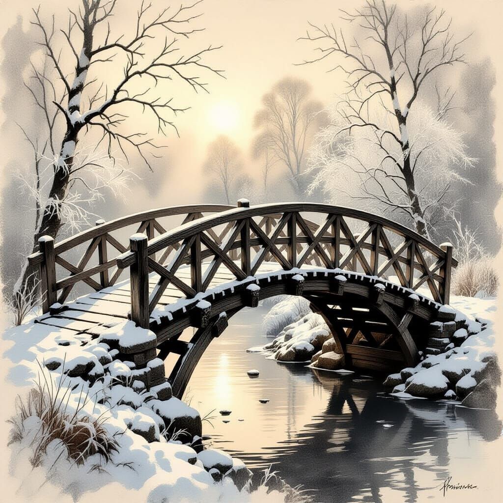 Ethereal Frosty Bridge Sketch in Watercolor and Ink