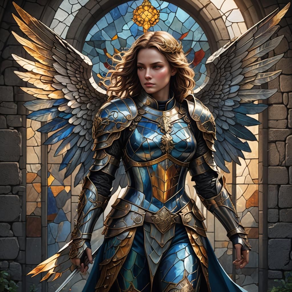 Medieval Angel in Armor Stained Glass Art