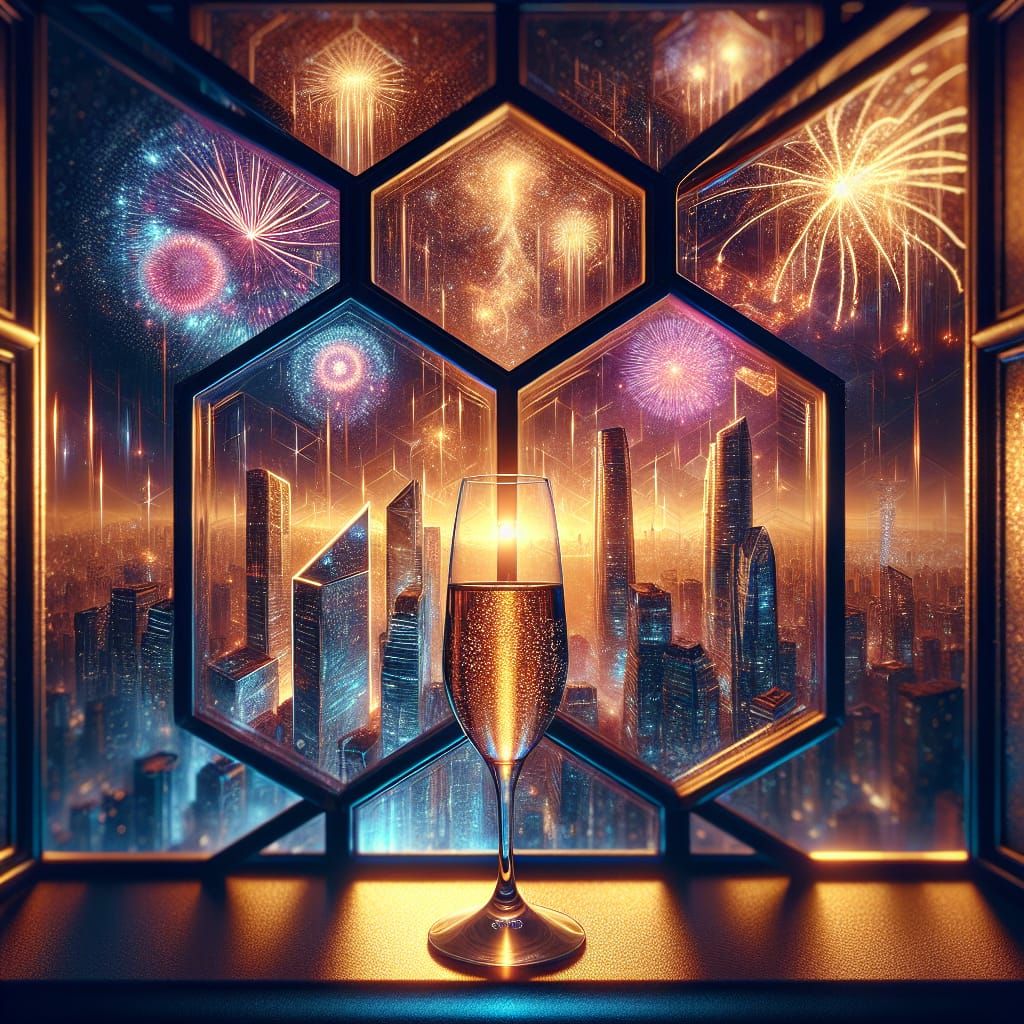 Lavish City Skyline at Night with Fireworks and Champagne