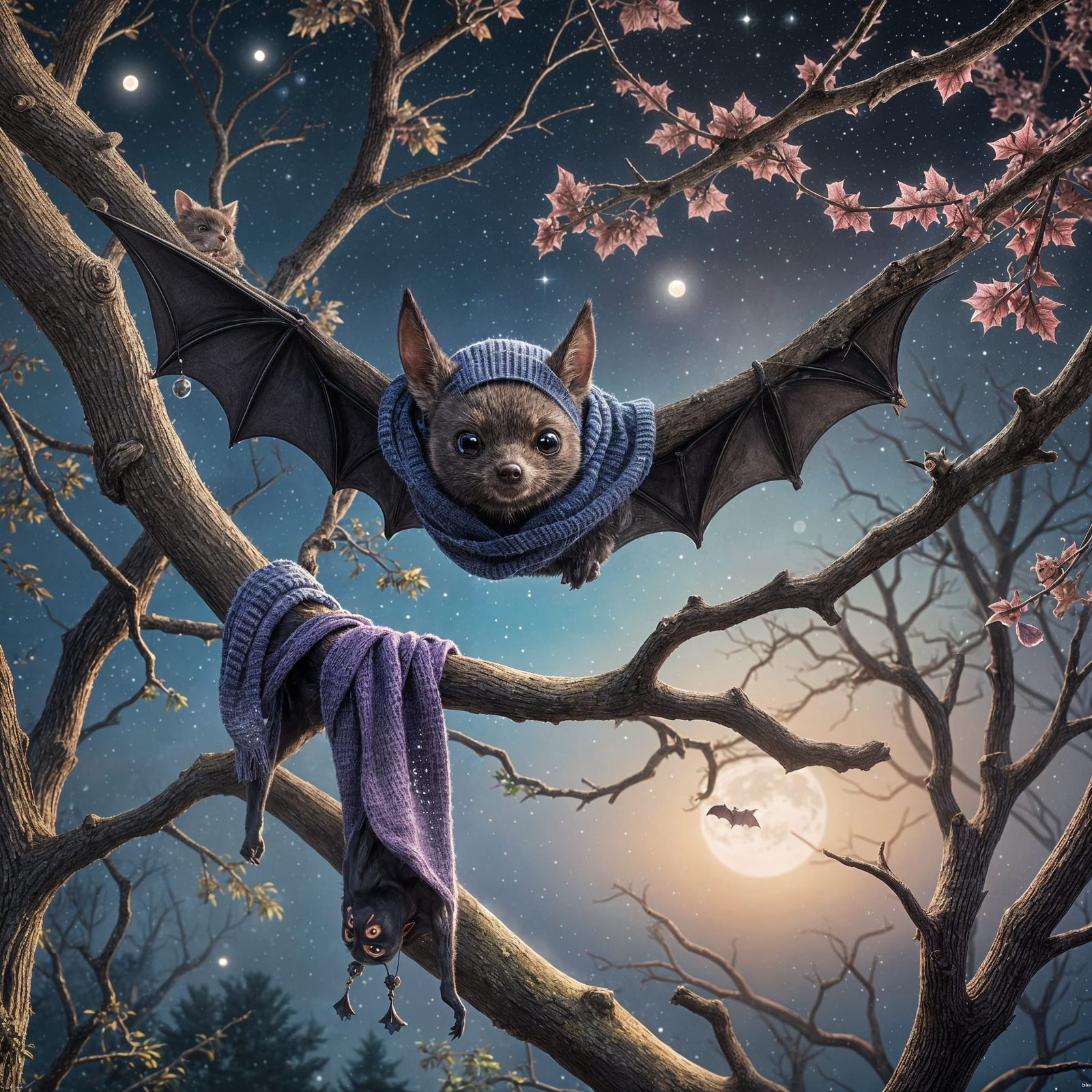 Playful Bat with Scarf in Detailed Matte Painting