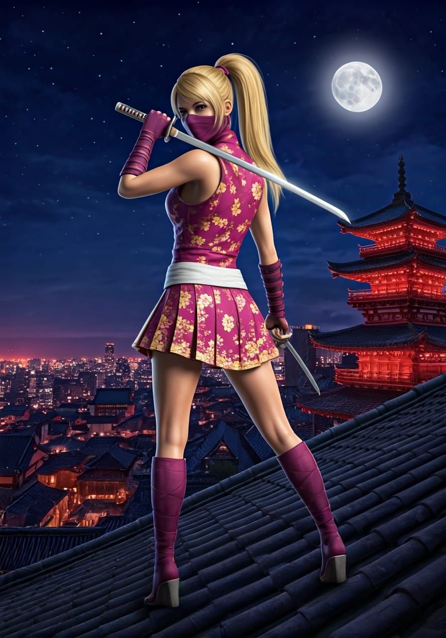 Ninja Girl with Wakizashi Swords Over Japanese City