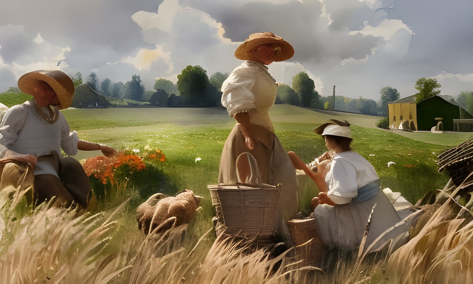 19th Century European Summer Farming Watercolor Painting