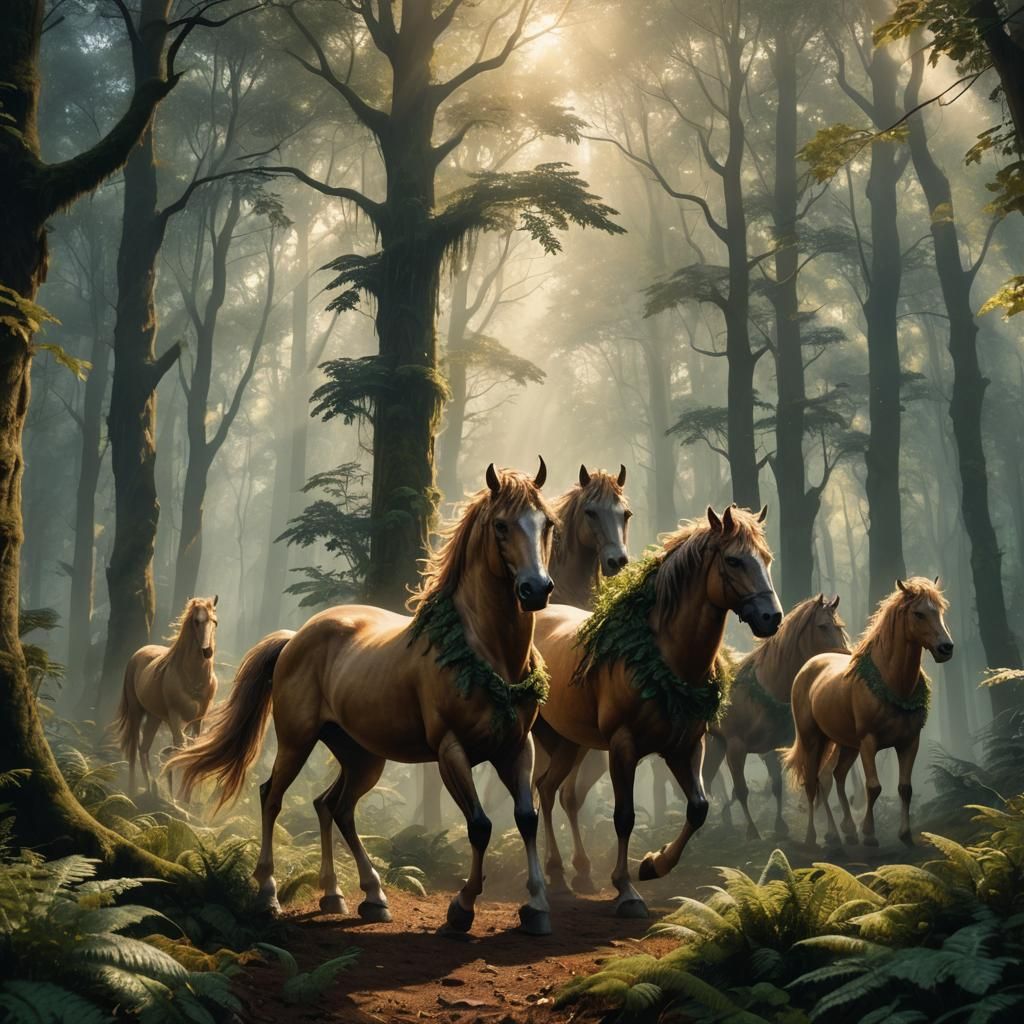 Centaurs in Misty Forest: Hyperrealistic Fantasy Artwork