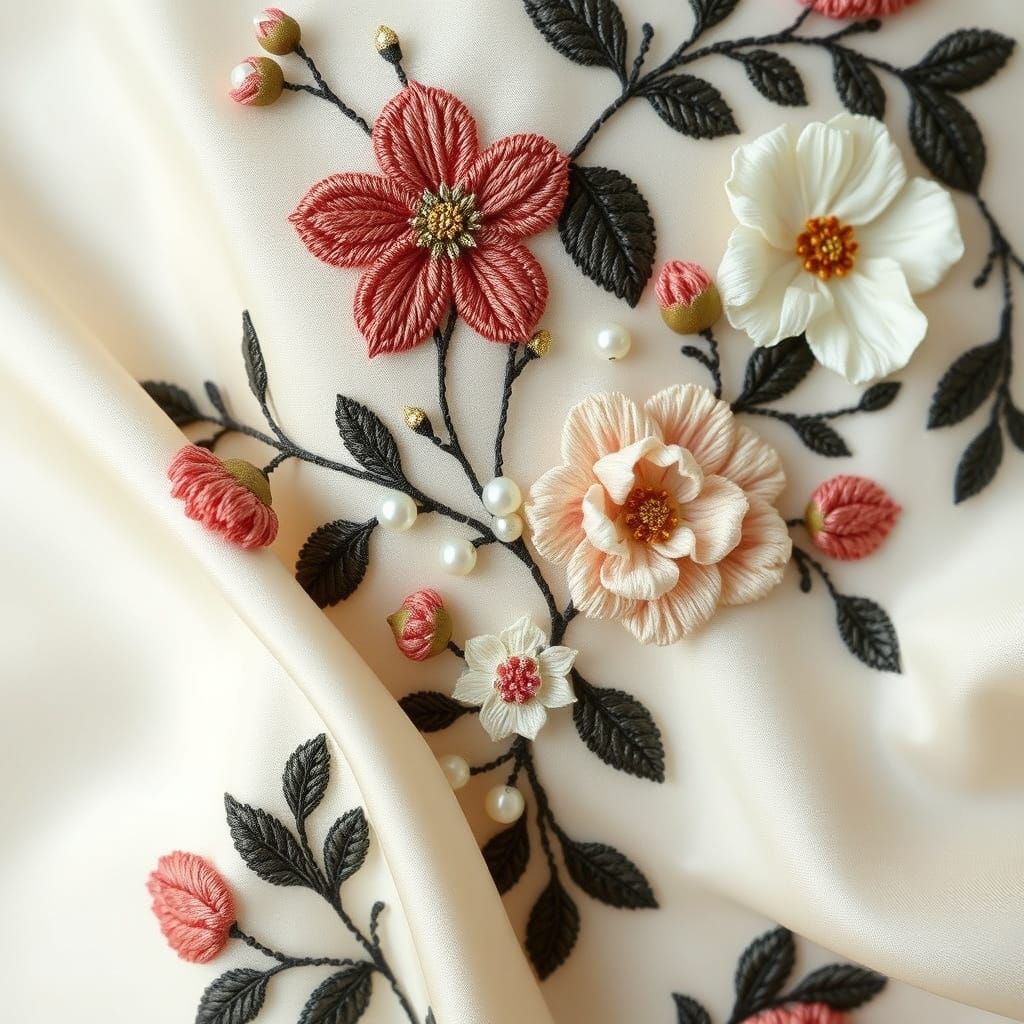 Ornate Floral Embroidery on Silk in Art Nouveau Style