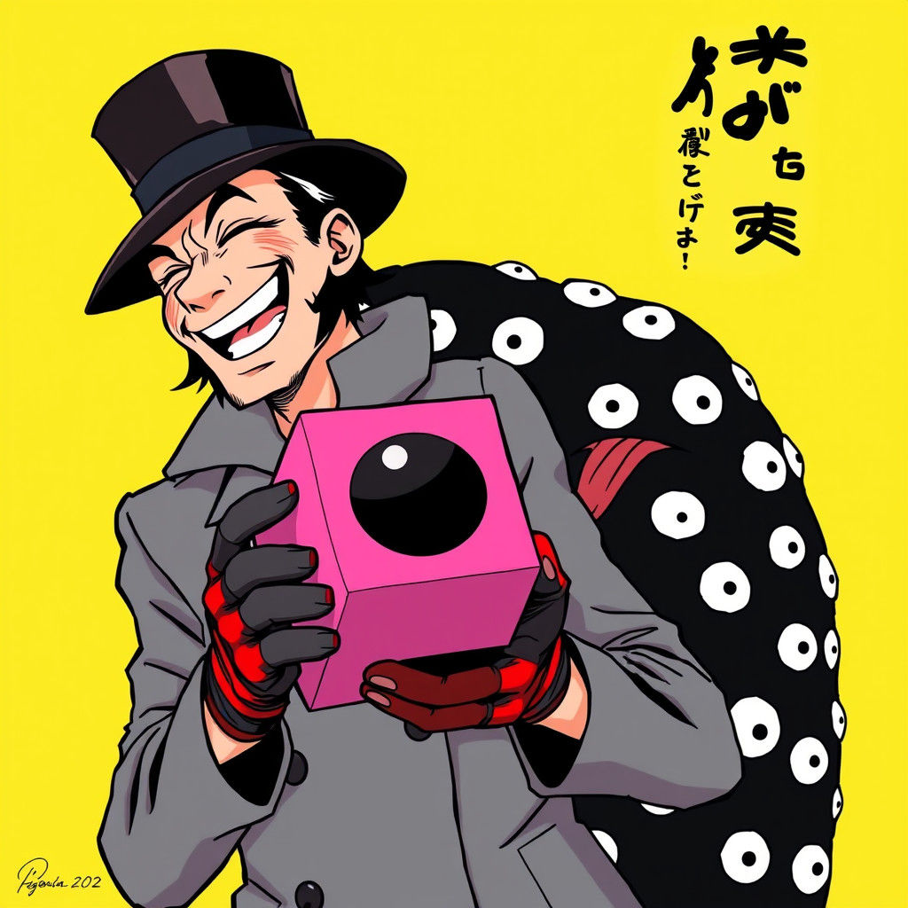 Man Laughing with Cube, Manga-Style Monster