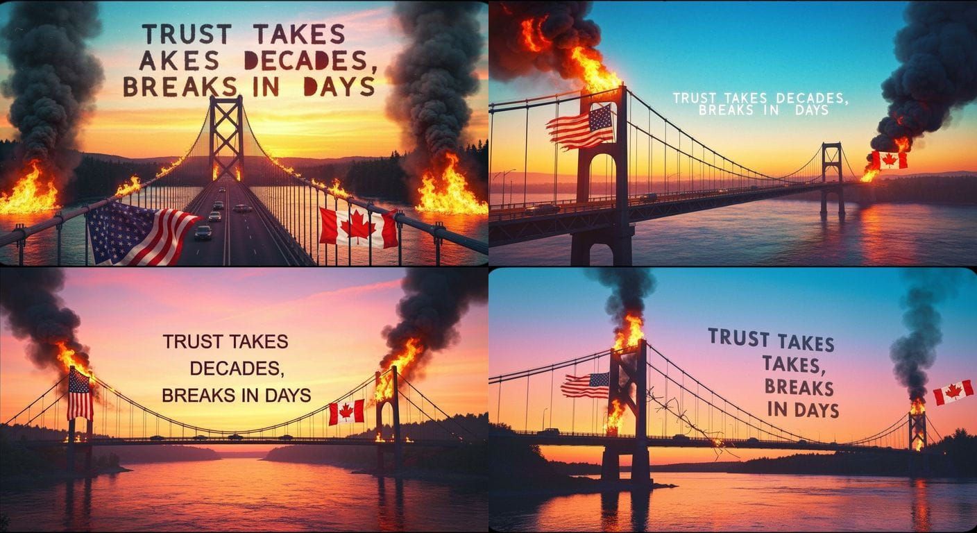 Burning Bridge with Flags in Dystopian Style