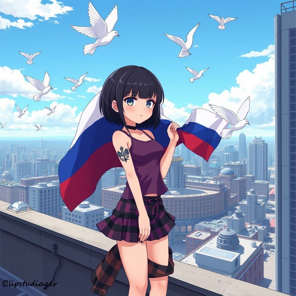 Anime Girl with Russian Flag in Studio Trigger Style