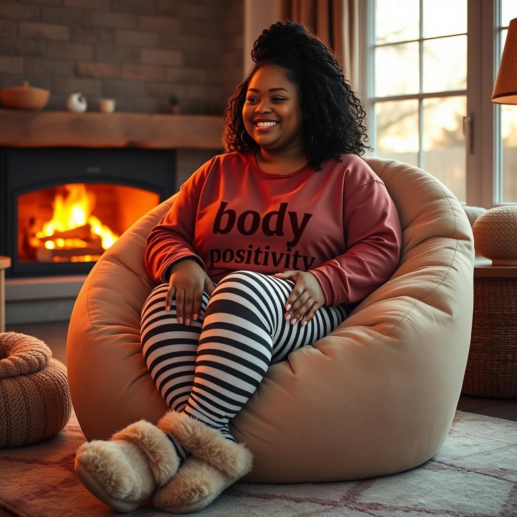Cozy Plus-Size Woman in Bubble Chair