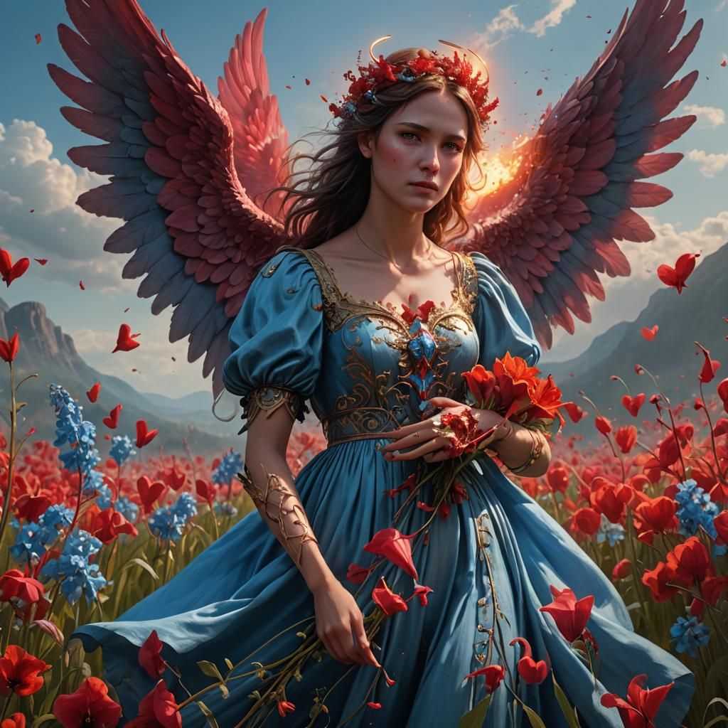 Fiery Angel Holding Bleeding Heart in Field