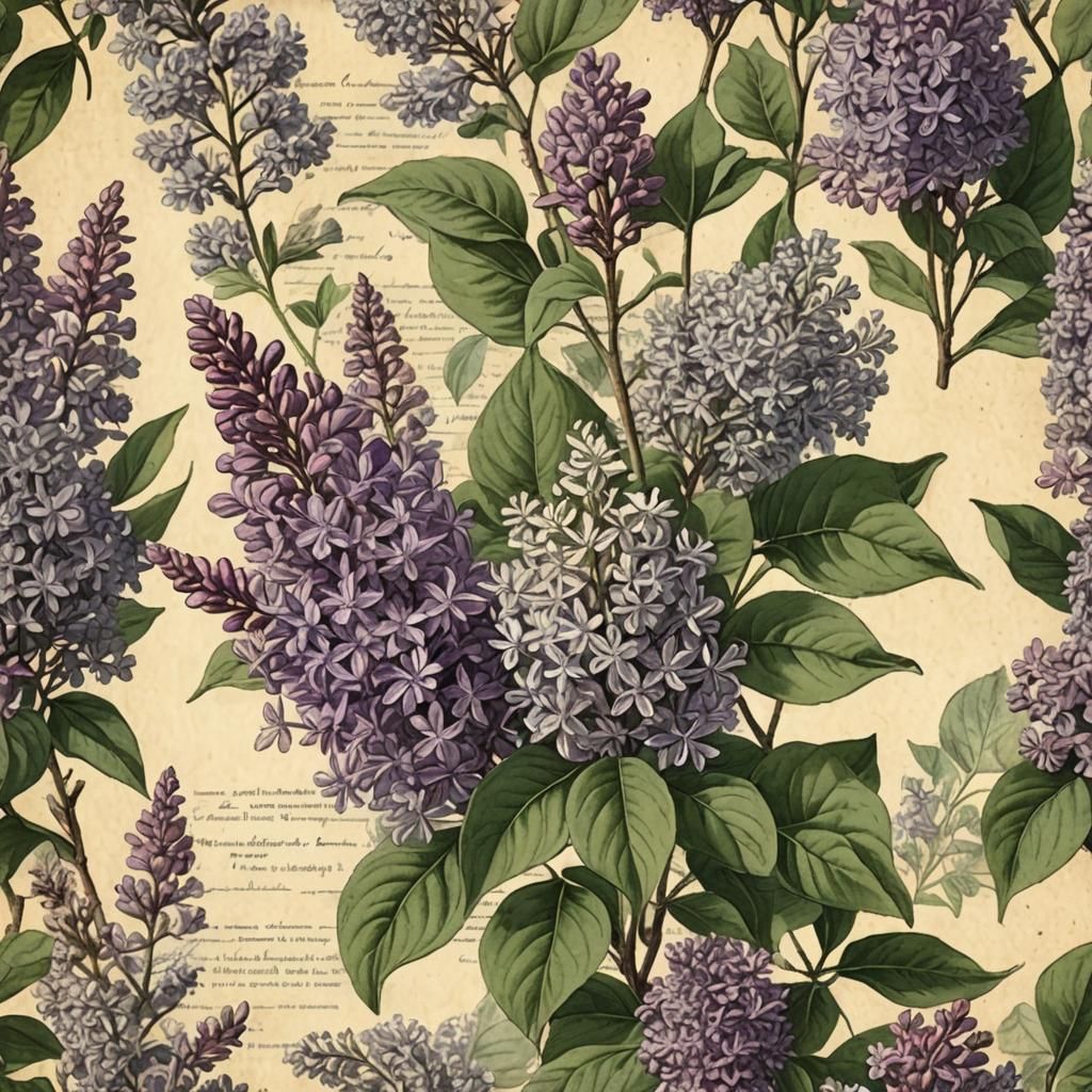 Victorian Lilac Botanical Illustration on Antique Paper