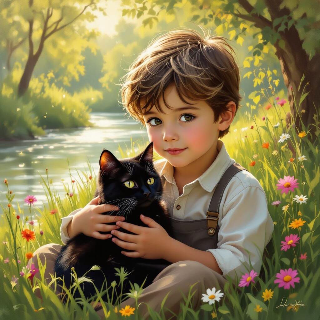 Boy Cradles Black Cat in Sun-Dappled Park