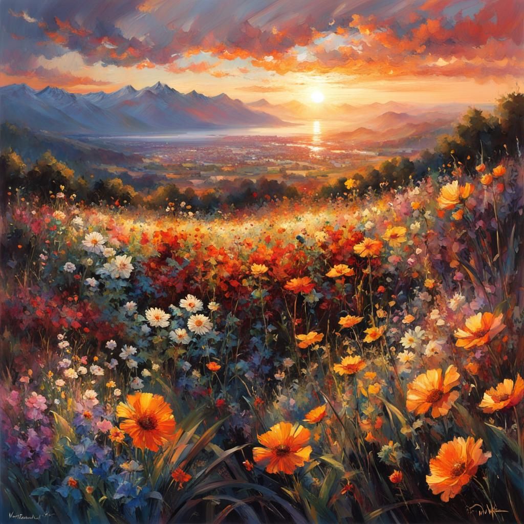 sunset flower fields