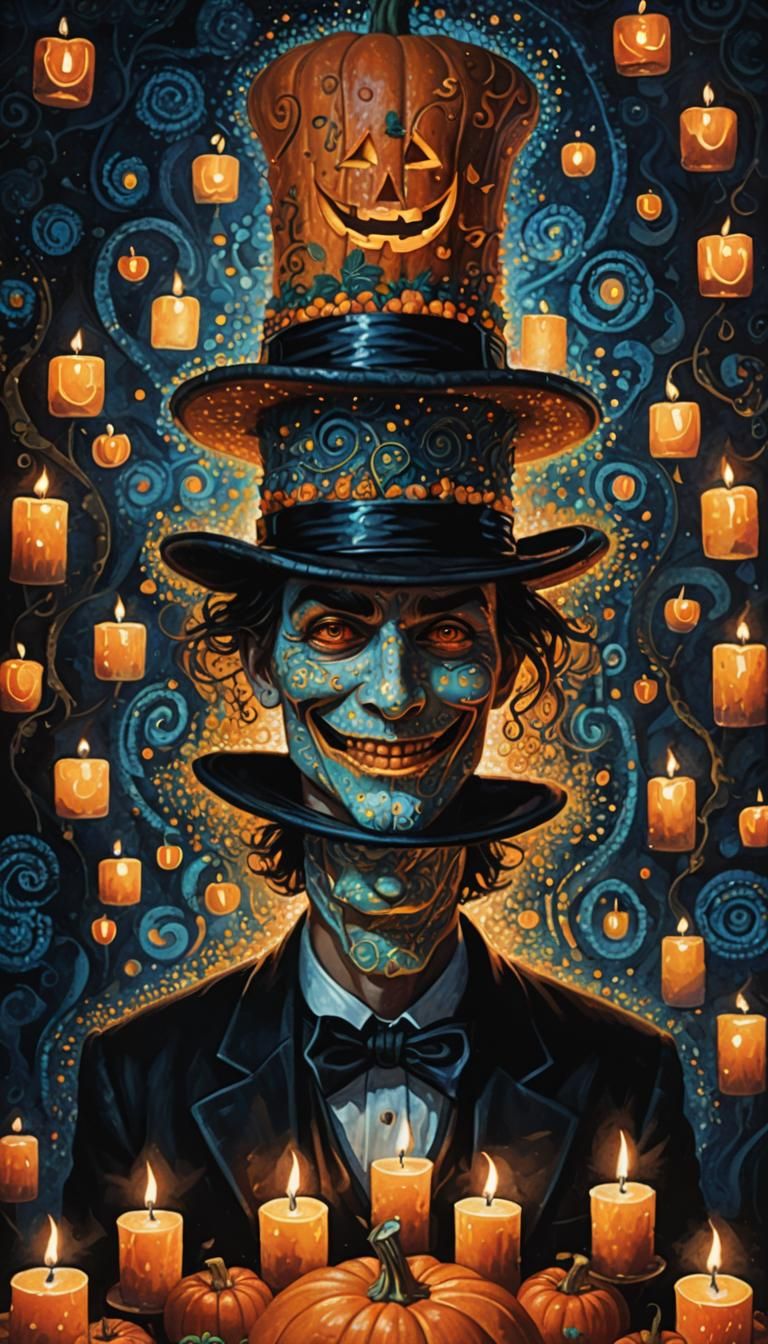 Pumpkin-Headed Man in Somber Pointillism Style