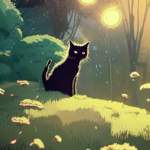 Fluffy Black Cat in Garden, Anime Matte Painting