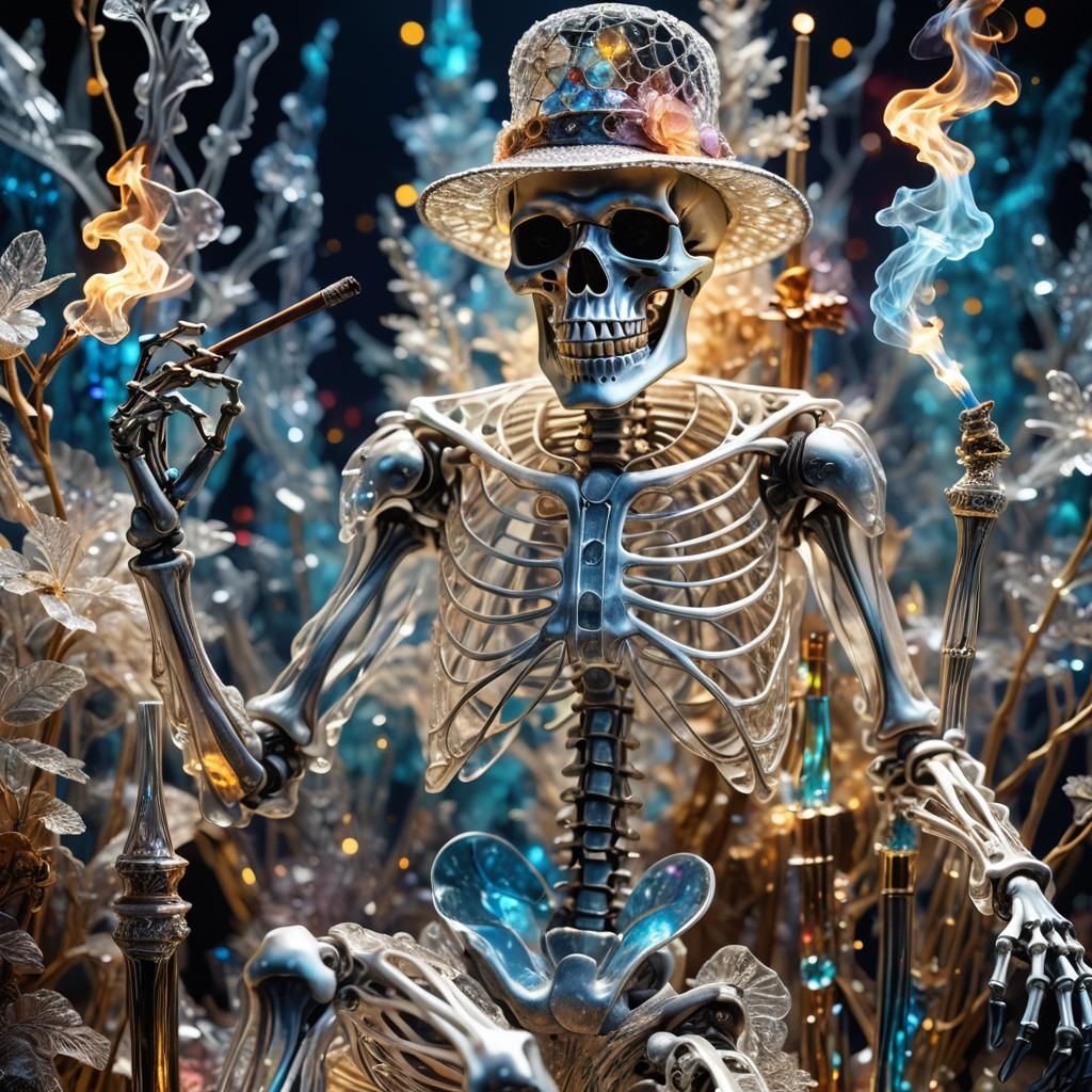 Crystal Skeleton with Cigar in Starry Scene