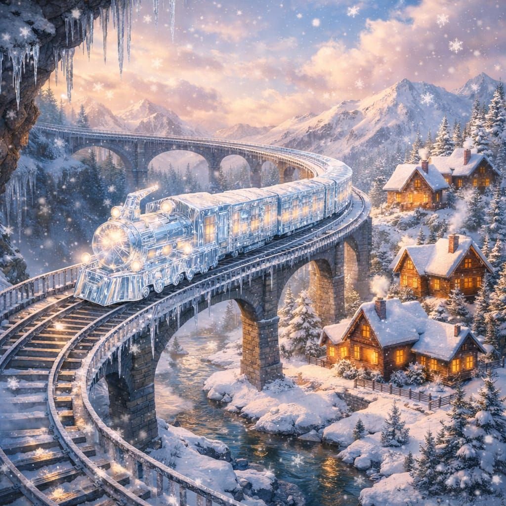Crystal Train in Magical Winter Landscape