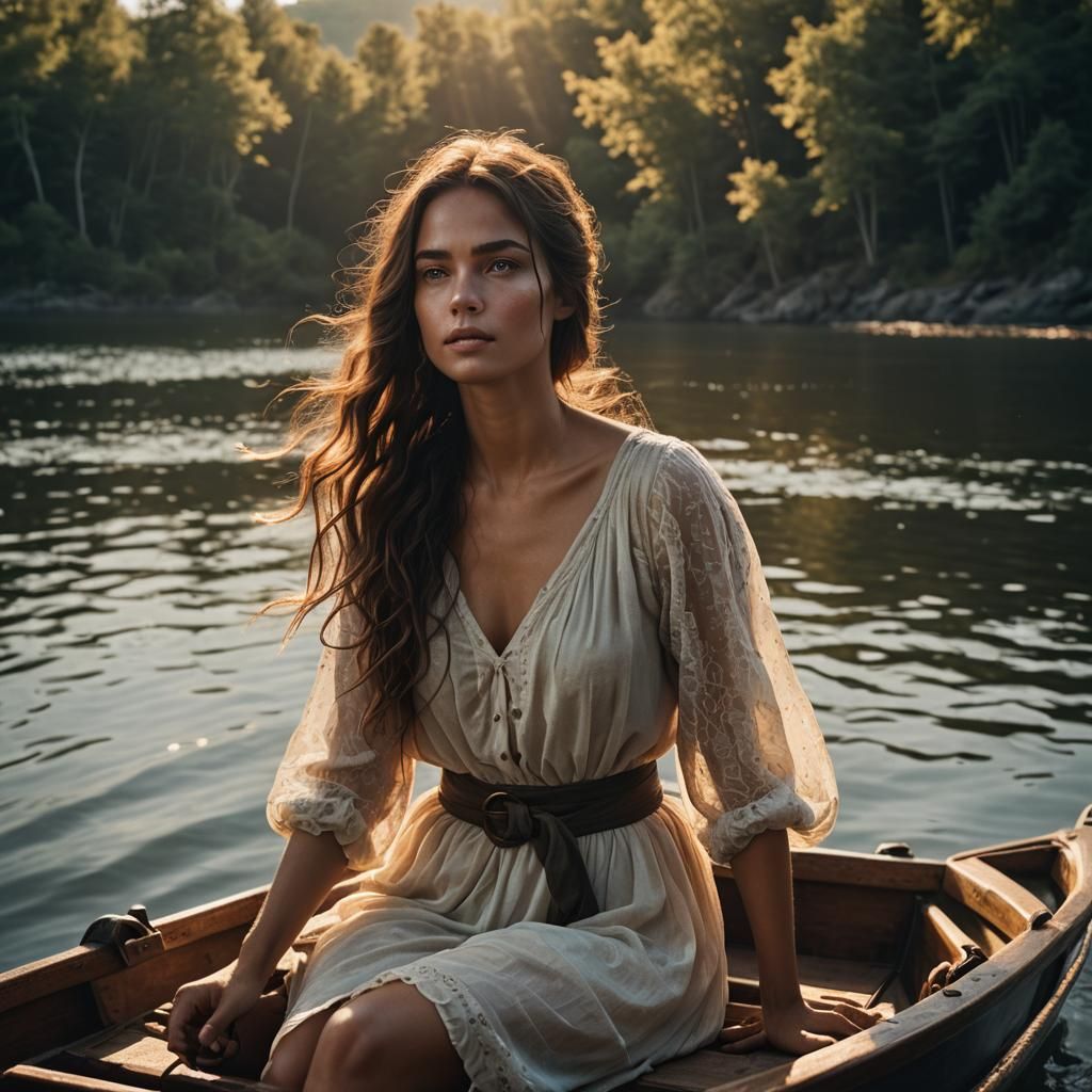 Fairy Woman in Boat at Sunset, Photorealistic