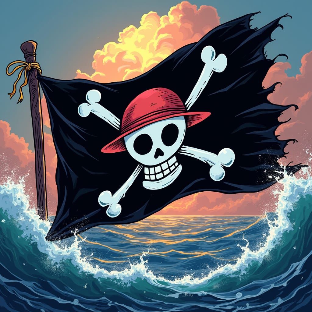 One Piece Jolly Roger on Black Background with Ocean