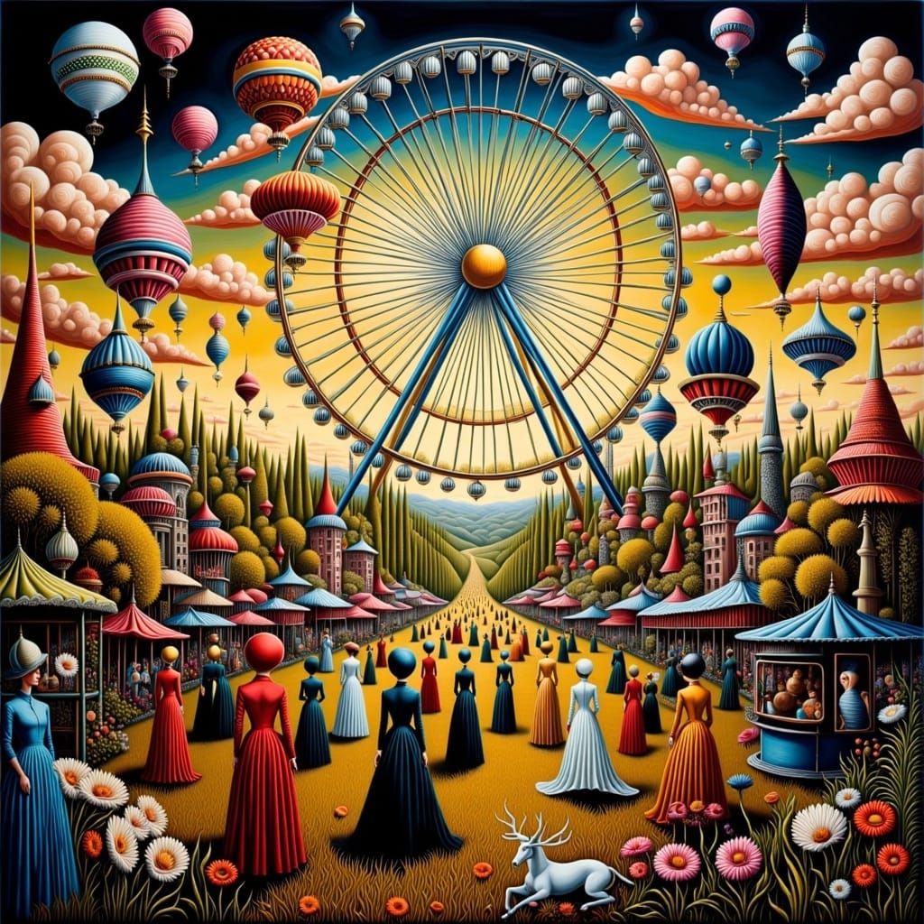 Surreal Fairground at Dusk in a Whimsical Art Style