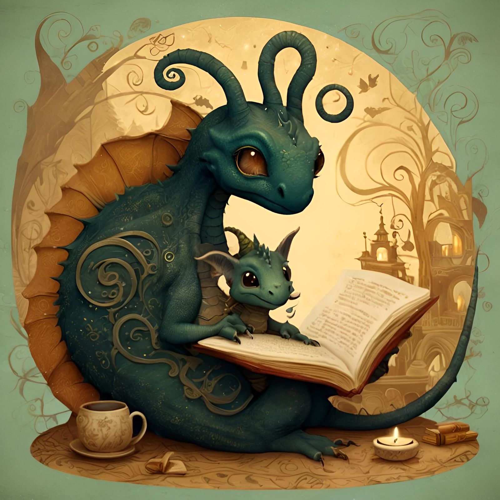 Cute Dragon Reading Story, Children's Book Illustration