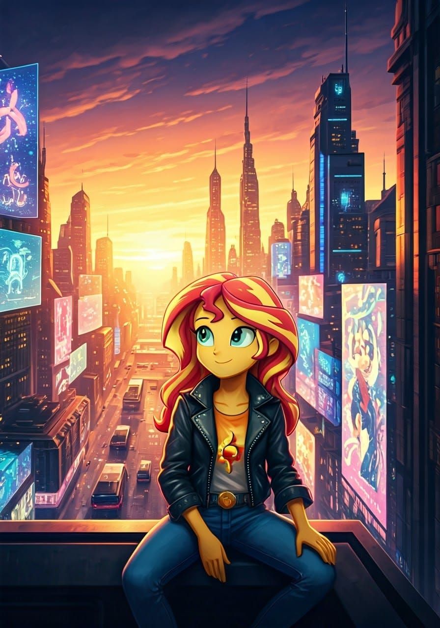 Cyberpunk Sunset: Figure Gazing at Neon Cityscape