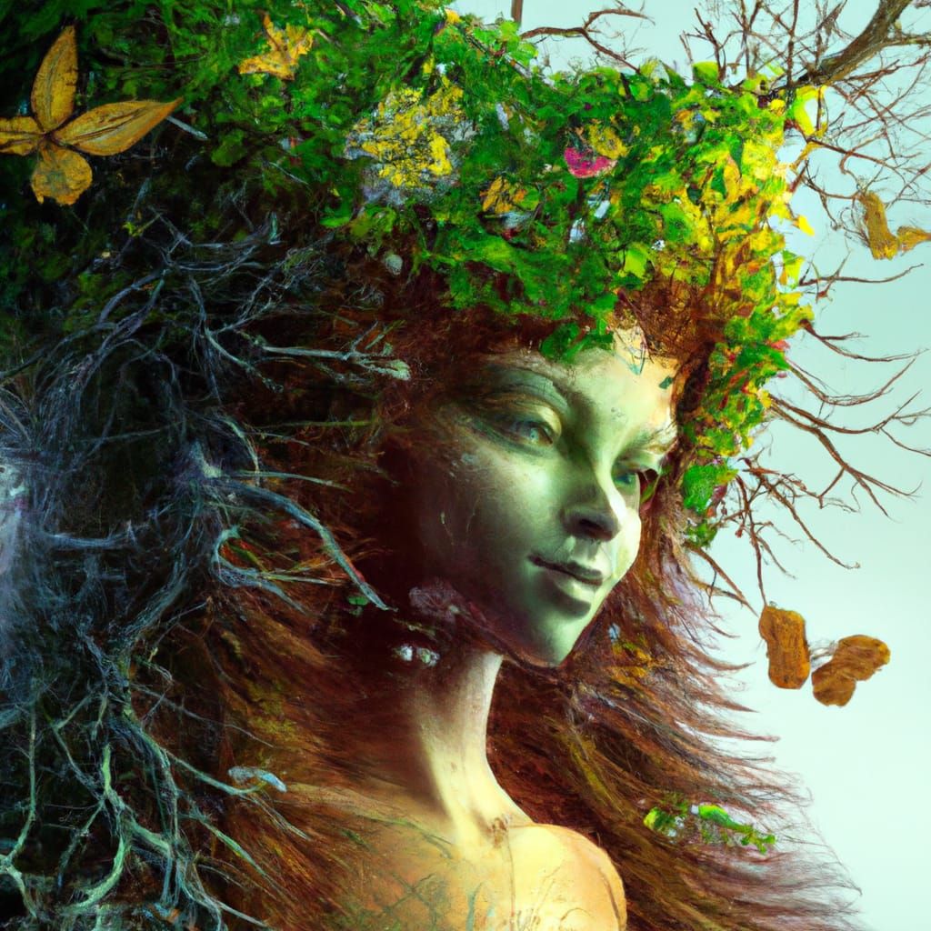 Mother Earth Portrait with Flowers, Hyperrealistic Art