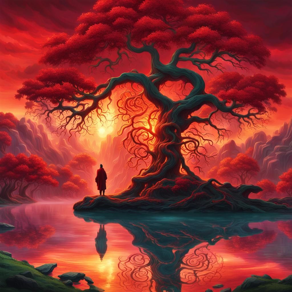 Mystical Redscape: Fantasy Art with Glowing Runes