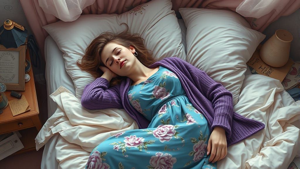 Peaceful Dreamcore Scene: Woman Napping in Hectic Bedroom