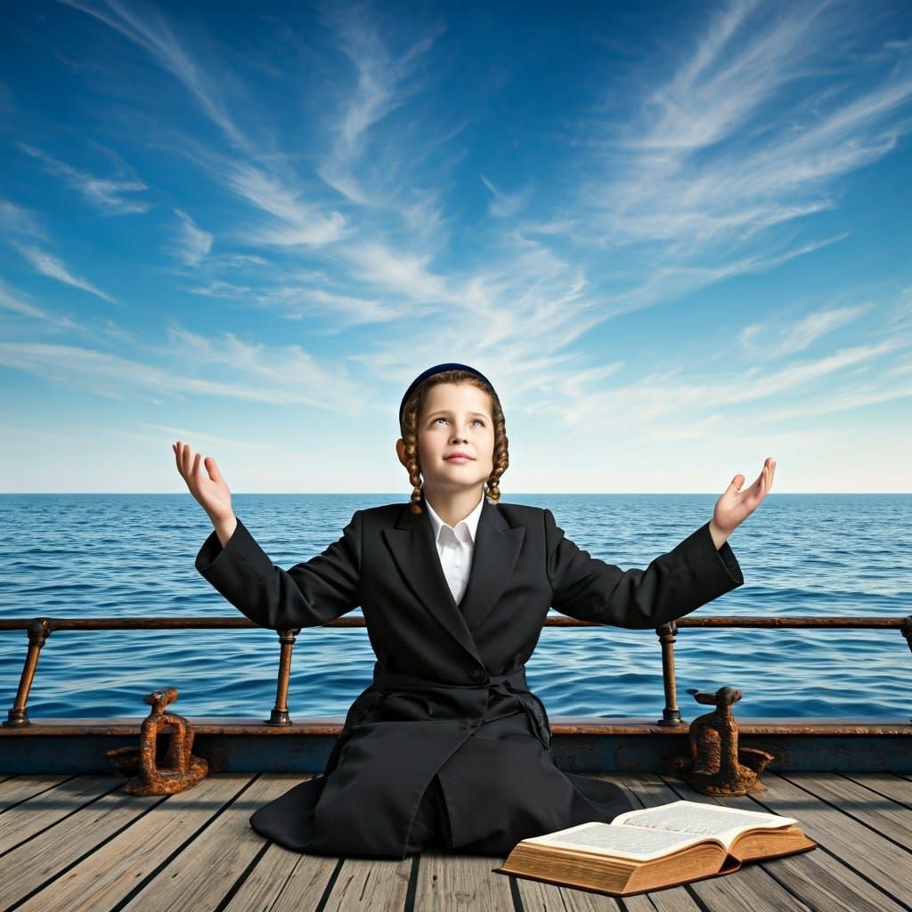 Boy in Traditional Garb on Ship, Photorealistic Image