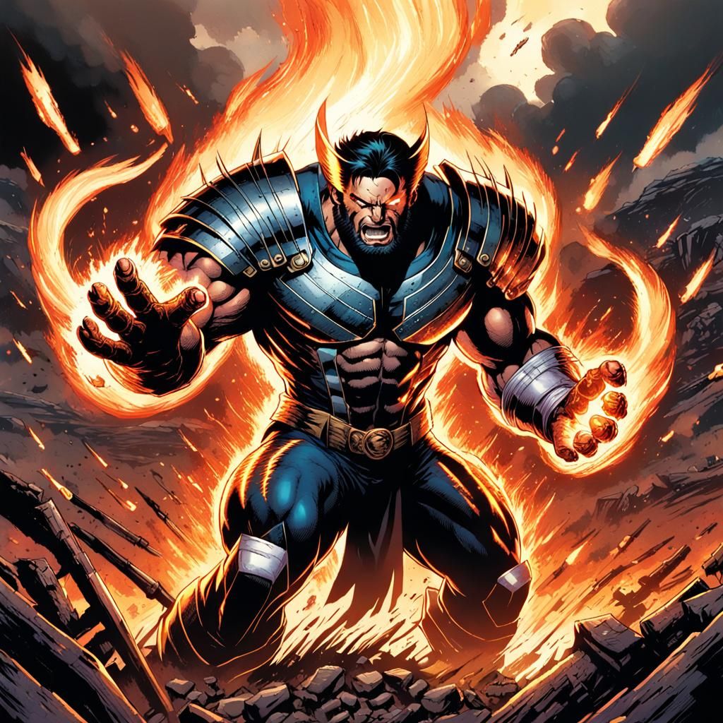 Wolverine in Fiery Battlefield: Comic Book Art