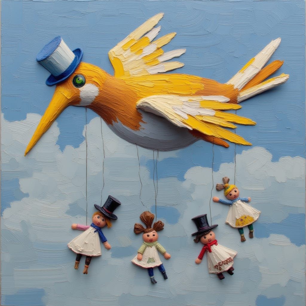Joyful Puppet Flight in Impressionist Oil Painting