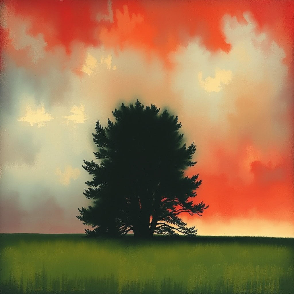 Treeline Under Dark Clouds in Abstract Expressionism