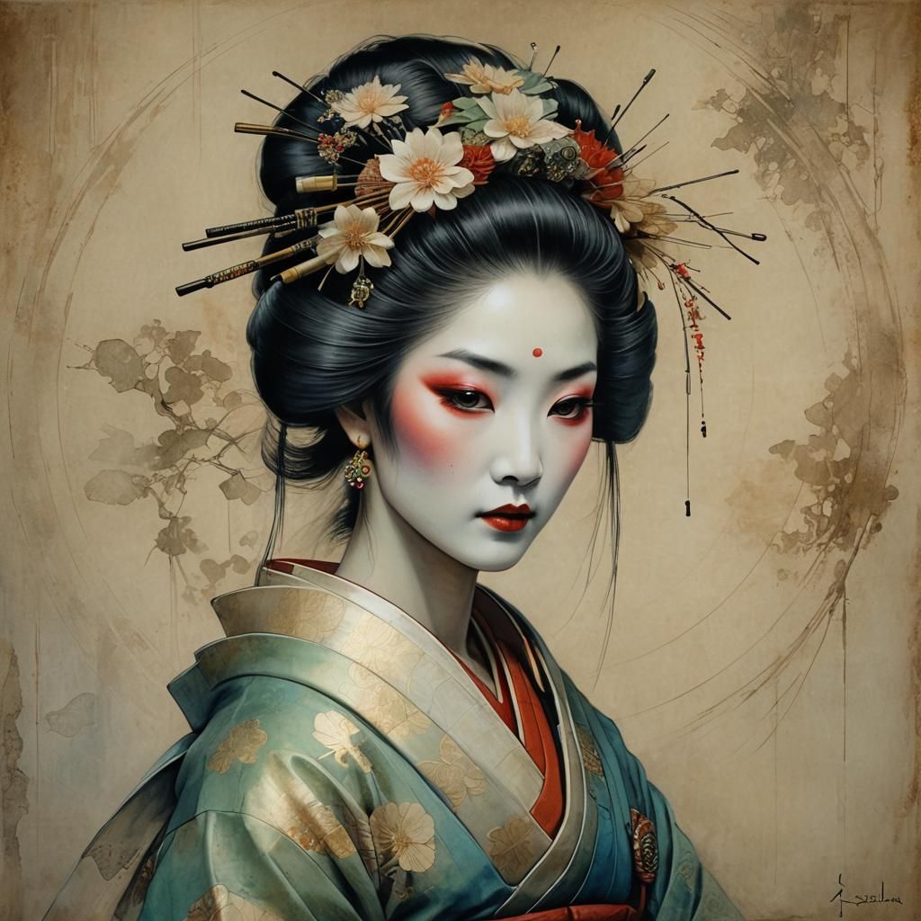 Ethereal Geisha Portrait in Symbolic Style
