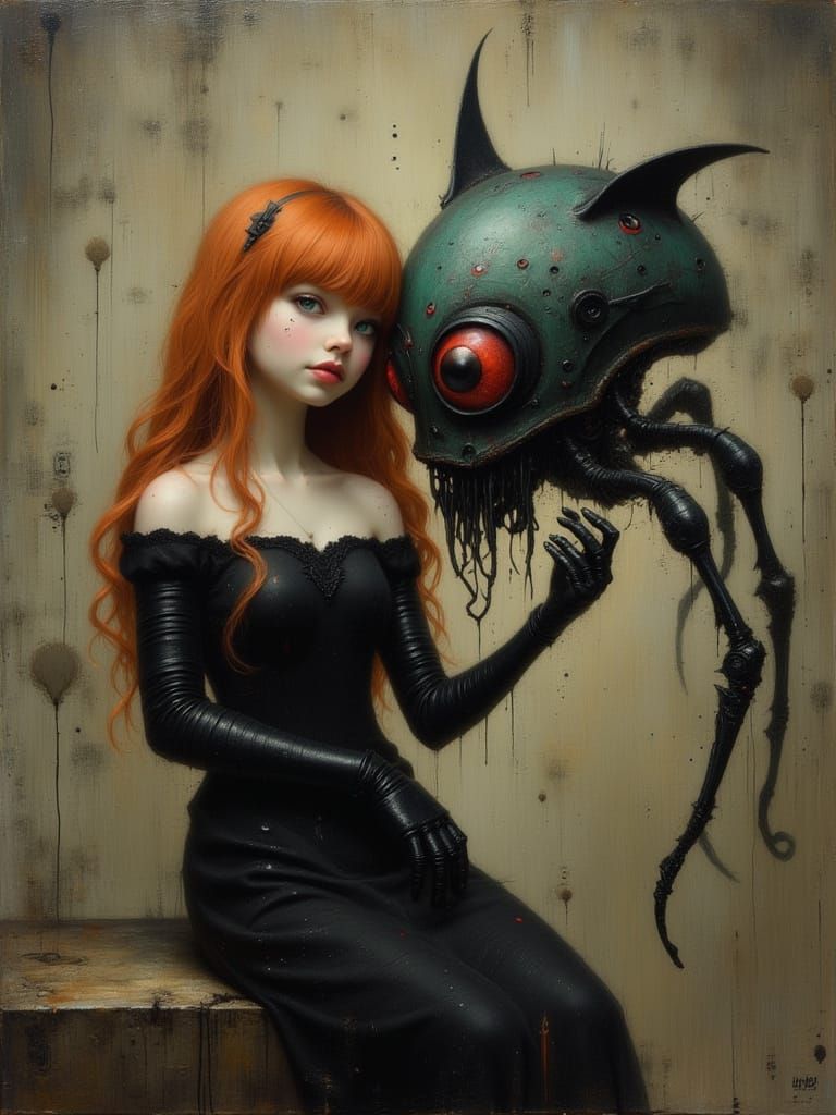 Gothic Oil Painting of a Lonely Redhead with a Robotic Spide...