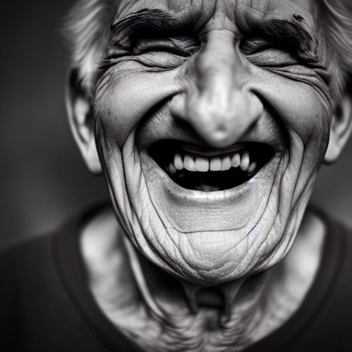 Wrinkled face of old laughing man