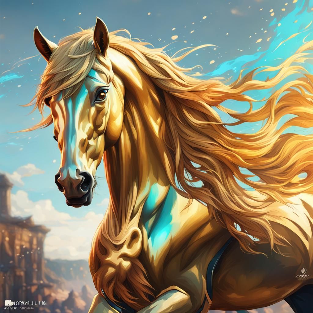 Bright Golden Horse Portrait, Hyperdetailed Digital Art