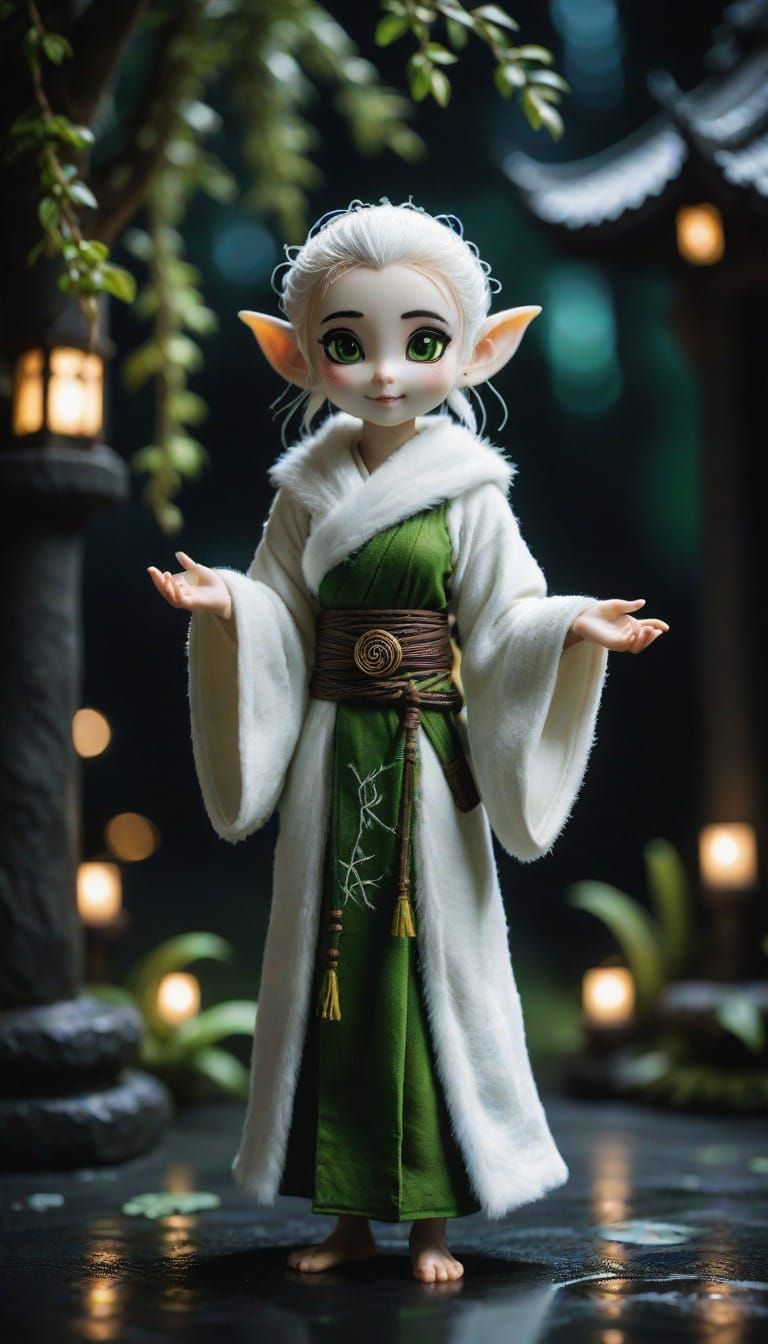Miniature Dryad Elf in Traditional Monk Attire, Captured wit...
