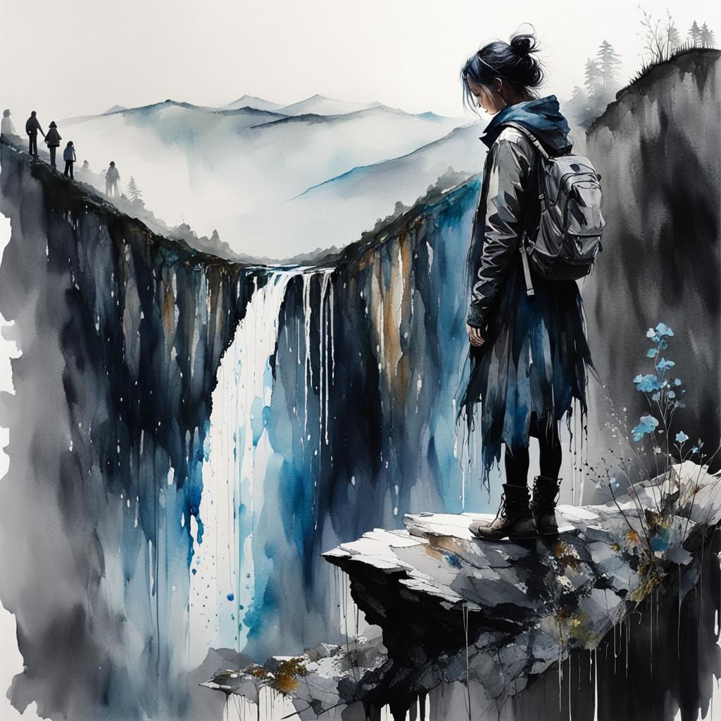 Moody Watercolor of Sad Girl on Cliff