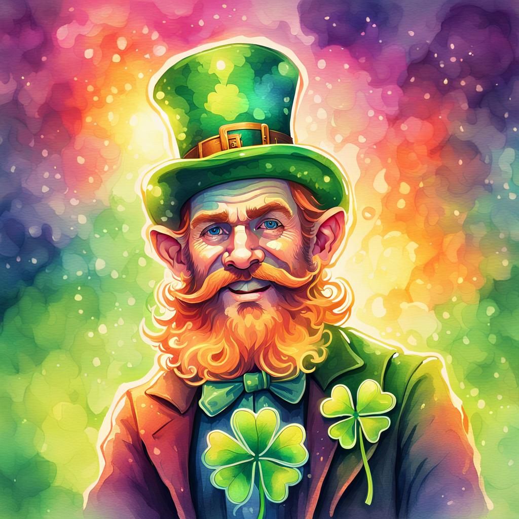 Leprechaun with Glowing Clover in Watercolor Style