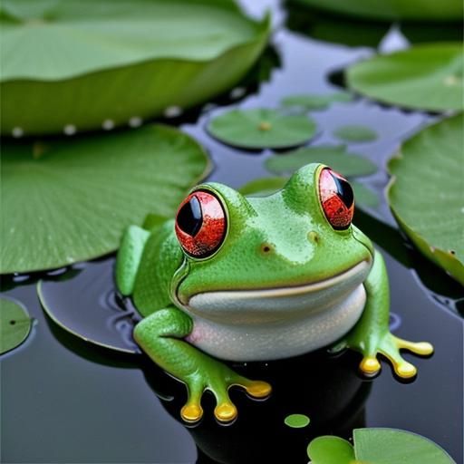 Smiling Frog on Lily Pad in Kawaii Cartoon Style