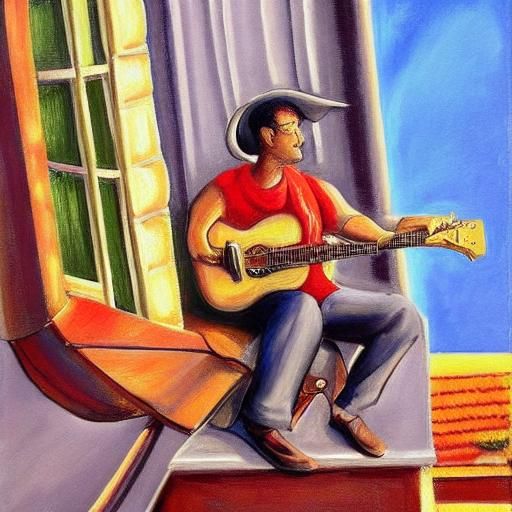 Surrealist Guitarist Overlooking Cityscape in Oil Painting