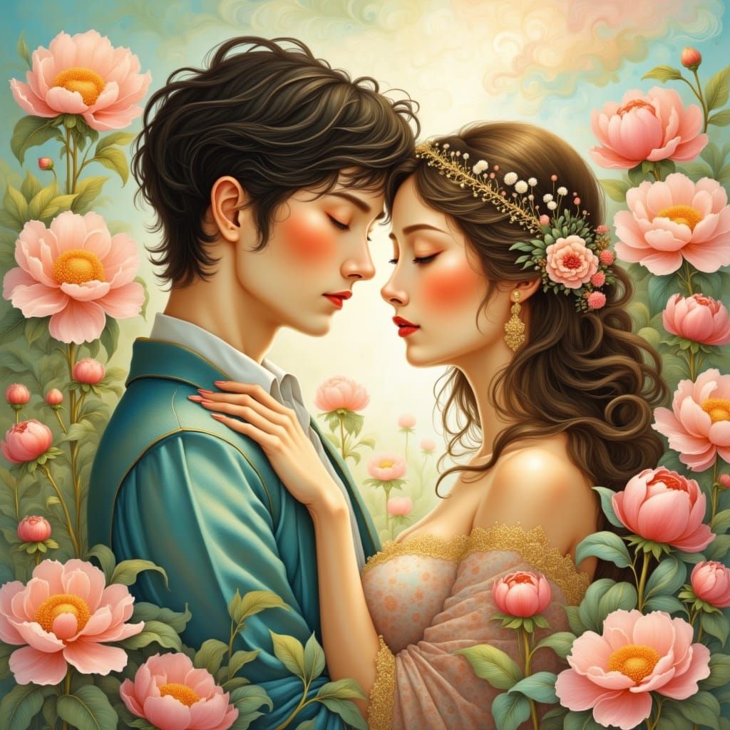 Whimsical Floral Couple in Loving Embrace