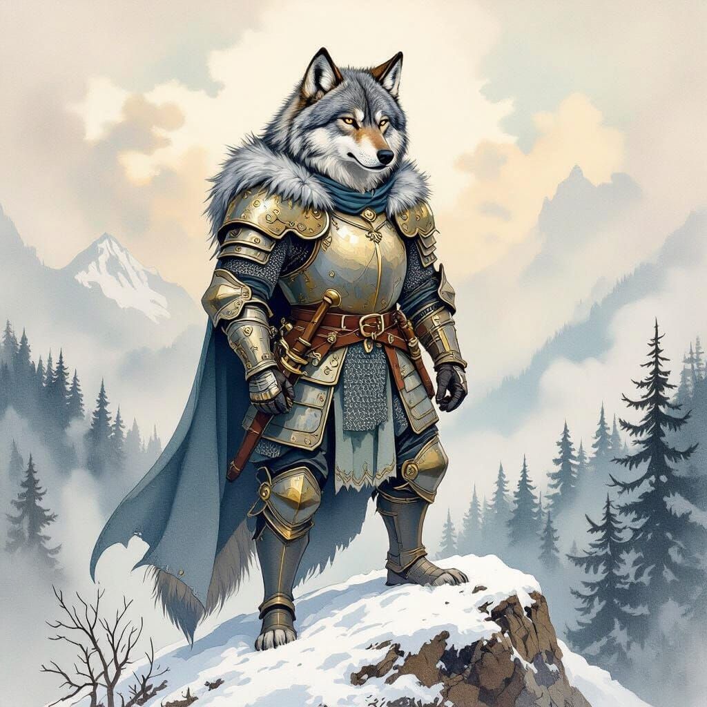 Armored Wolf on Snowy Peak in Watercolor Style