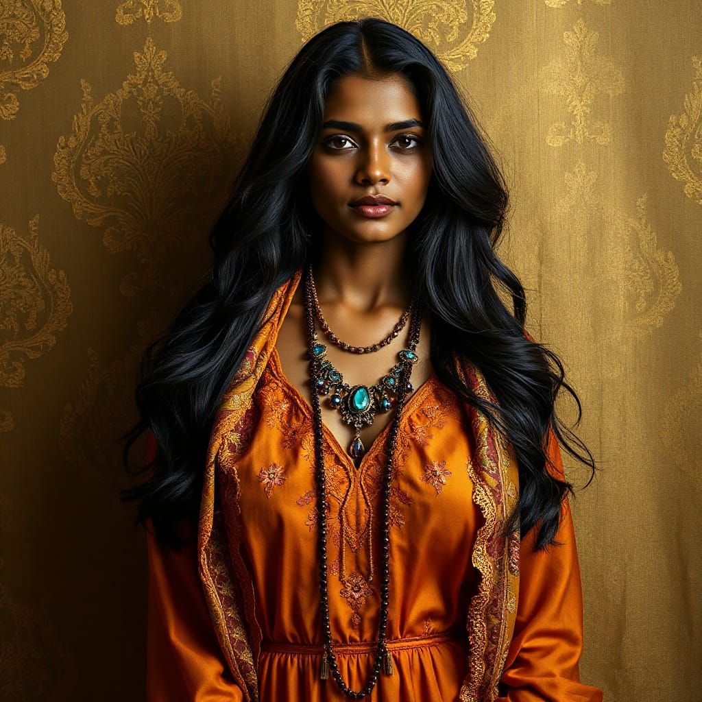 Elegant Indian Woman in Amber Dress with Gemstone Pendant