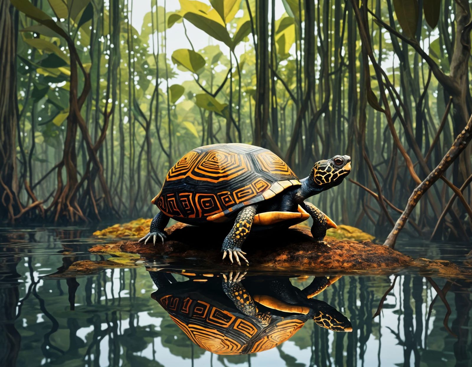 Surreal Box Turtle in Mysterious Mangrove Oasis