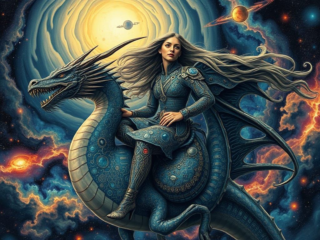 Cosmic Space Goddess Rides Stellar Dragon